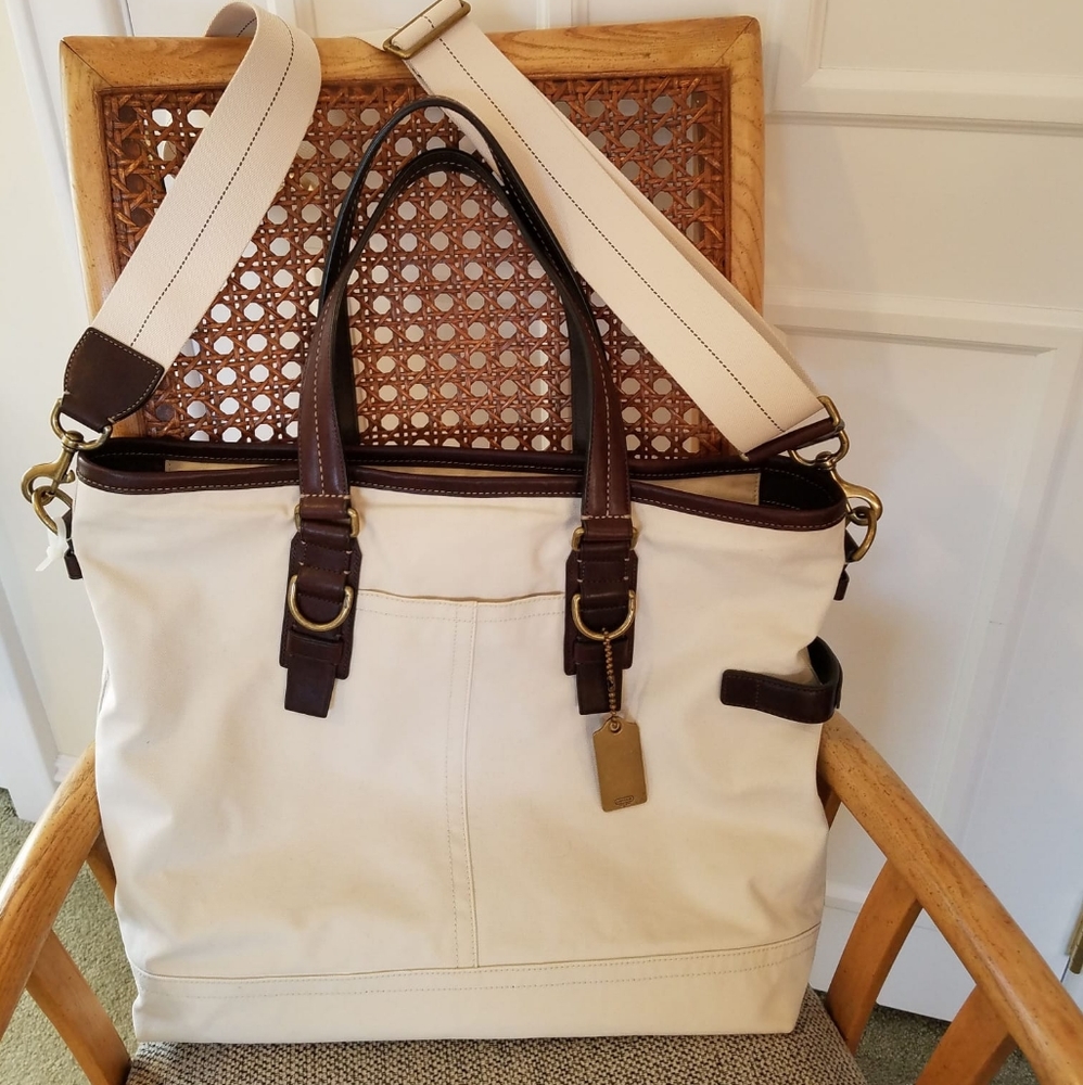 Authentic Coach canvas and brown leather messenger bag/ laptop carrier